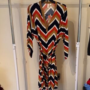 Tacera Chevron Long Sleeve Dress - Red, Blue, Gold F90